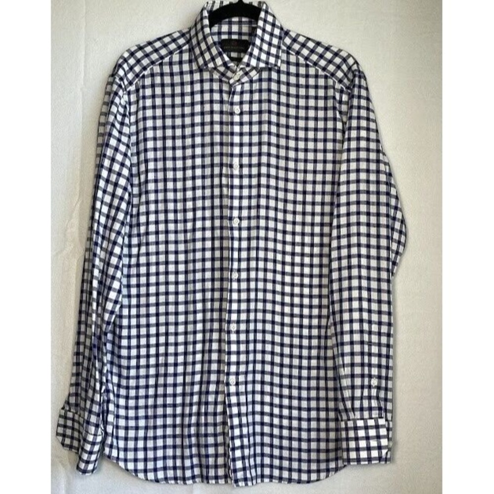 Hugo Boss Shirt Men 41/16 Blue Checkered Button Up Shaped Fit Long Sleeve‎ Soft